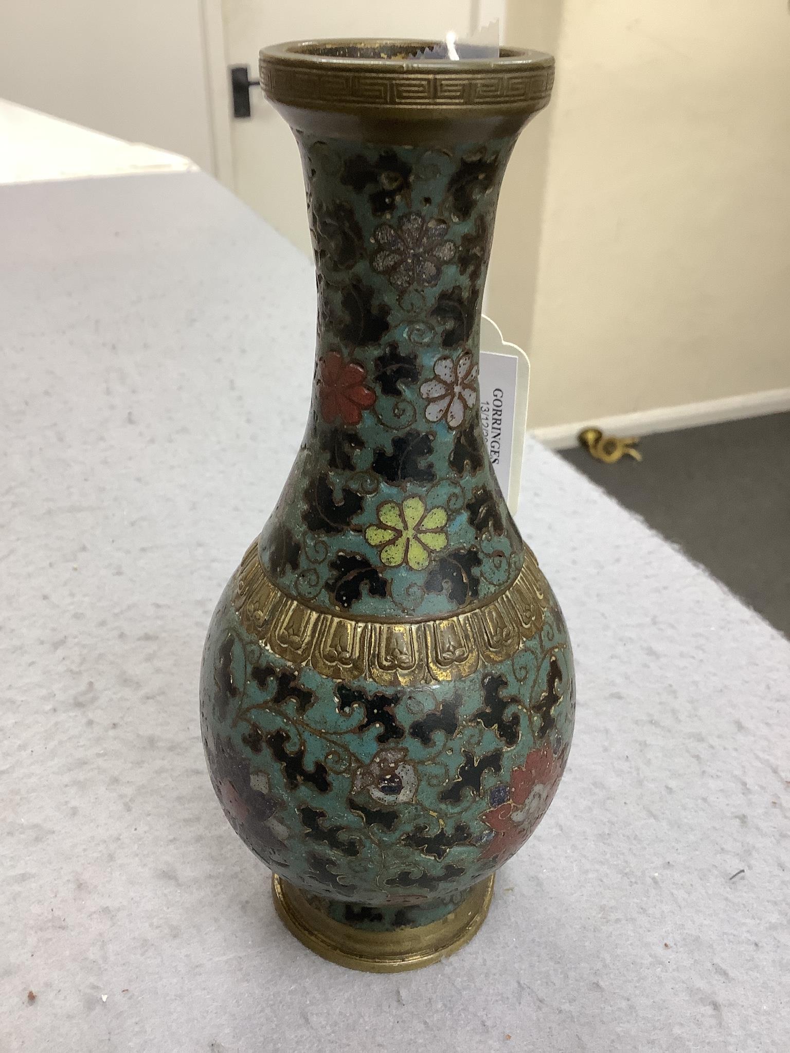 A Chinese cloisonné enamel and gilt bronze baluster vase, 17th/18th century, 19.5cm high, faults
